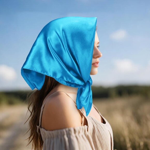 Women's Sky Blue Silk Feeling Scarf 23.6'' Square Satin Scarf Neck Head Bandana - Picture 4 of 7